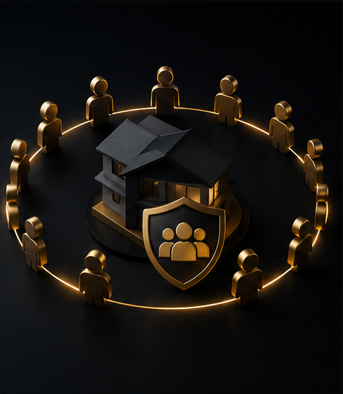 Grupo de participantes em volta de um imóvel protegido representando o consórcio coletivo