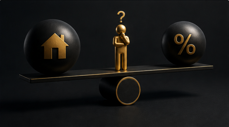 Balança equilibrando casa e juros simbolizando a decisão pelo financiamento