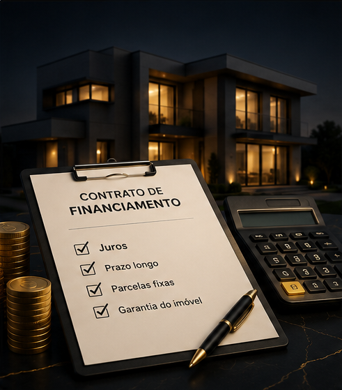Contrato de financiamento com cláusulas de juros, prazo longo, parcelas fixas e garantia do imóvel